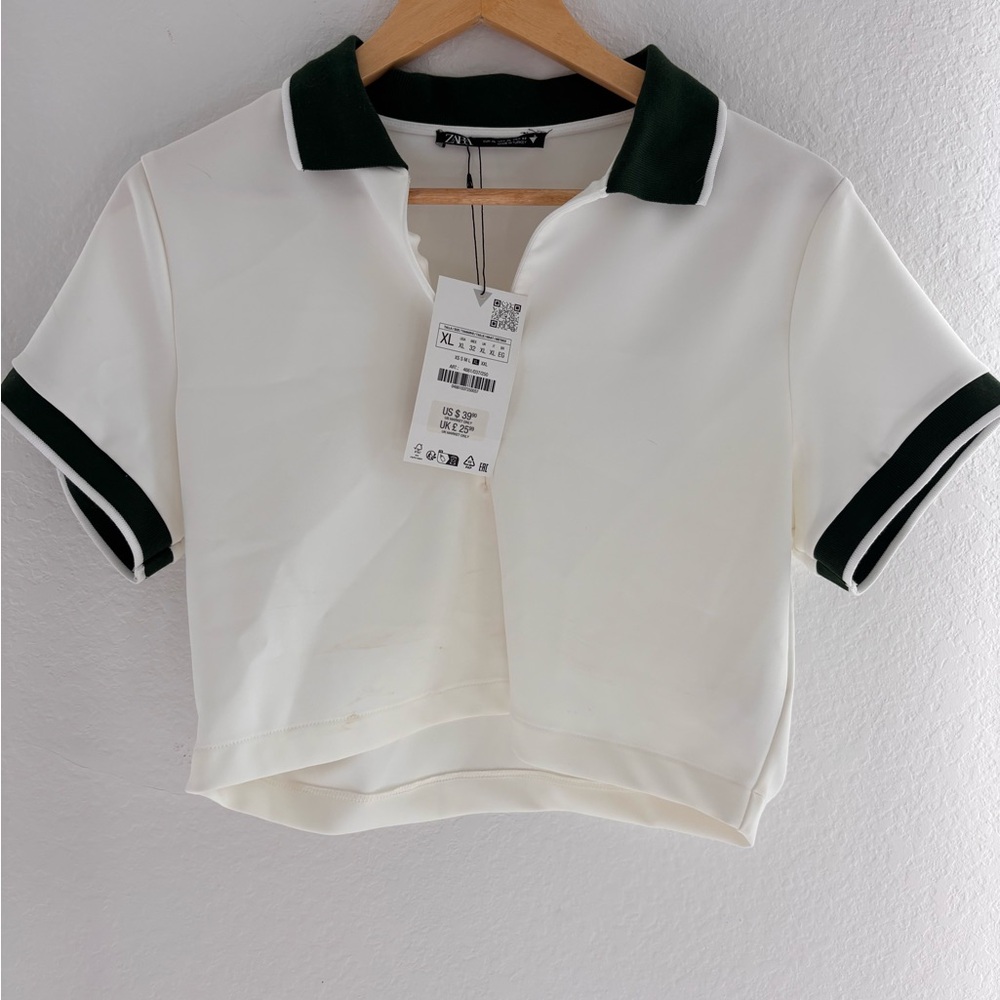 Zara green and white cropped polo